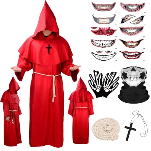 BITOYO Disfarce de monge sacerdote túnica medieval renascimento traje disfarce cura túnica de monge com capuz corda de cintura colar de cruz luvas e máscara para o Halloween carnaval (vermelho, M)