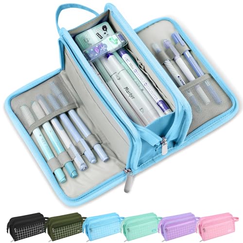 Image of Sooez Large Pencil Case, Big Capacity Pencil Pouch Pen Bag with 3 Compartment, Portable Canvas Stationery Organizer with Zipper, Cute Aesthetic School Supplies for Teen Girls, Sky Blue with Plaid