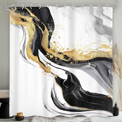 HNBFKD Cortina de Ducha de mármol Blanco, Negro y Dorado, Abstracto, Moderno, con Textura de Tinta, Minimalista, Gris Degradado, estética fluida, Tela para Inodoro 180x150cm/(WxH)