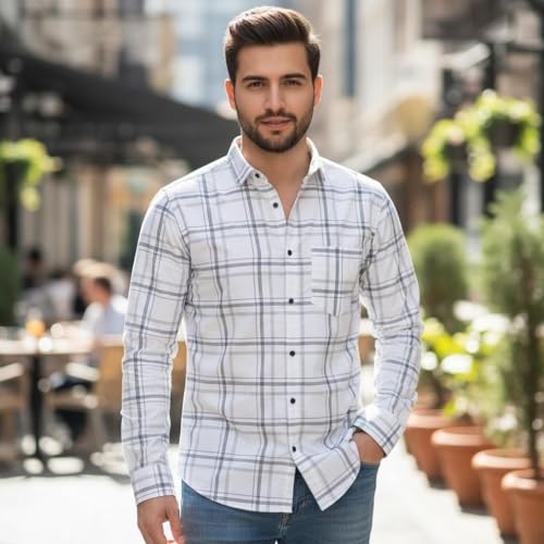 Image of Pack of 2 Men's Cotton Fabric Button Down Full Sleeve Collar Neck Regular Fit Check & Dotted Printed Combo Shirt