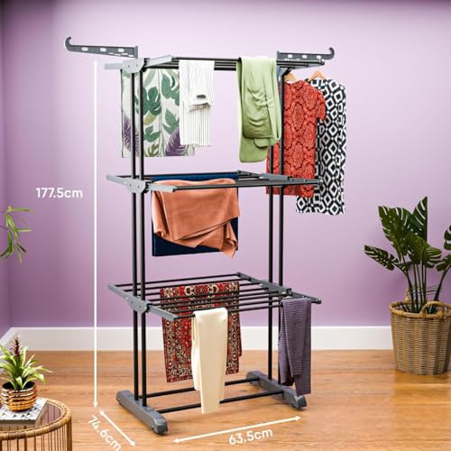 Image of TEKCOOL Foldable Cloth Drying Stand Stainless Steel - 3 Tier Heavy-Duty Clothes Dryer for Balcony, Indoor & Outdoor Use | with Wheels & Hanger Slots | Rust-Proof Laundry Rack (Grey, 3 TIRE):
