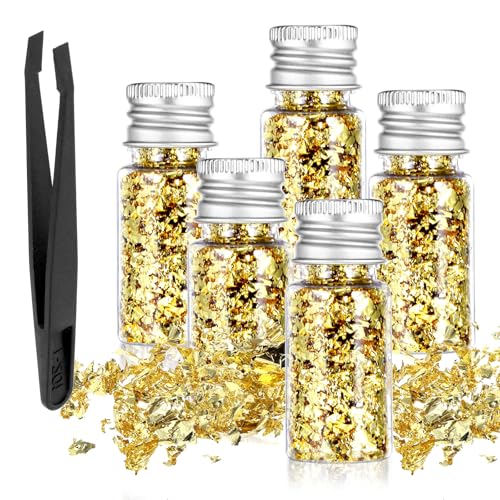 5Pcs Decorative Gold Leaf, Multifunction Gold Flakes Cake Decoration Baking Foil Decor with Plastic Tweezers for Cooking Dessert Steak Decoration Crafts Makeup
