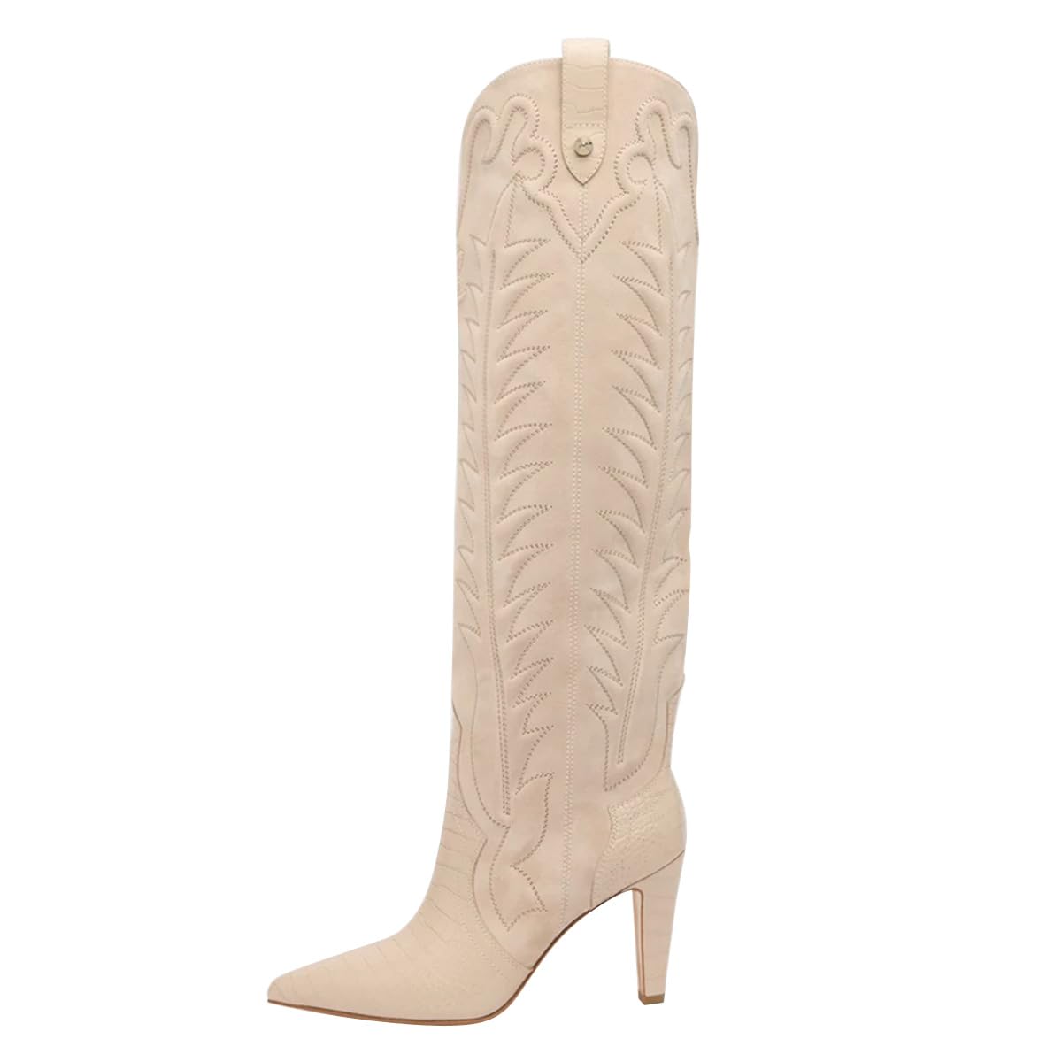 FSJ Women Pointed Toe Cowboy Boots Embroidered Chunky High Heel Knee High Boots Western Pull On Fashion Dress