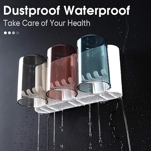 Image of OSLEN Plastic Toothbrush Holder Wall Mounted with 4 Cups | Bathroom Toothbrush Organizer Stand with Dustproof Cover | Toothbrush and Toothpaste Holder for Family, Bathroom Wall Storage Rack (White)