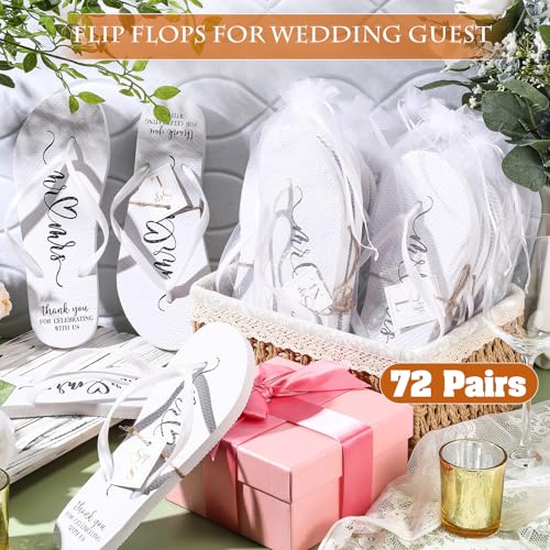 Cuffbow 72 Pairs Bulk White Flip Flops for Wedding Sandals for Guest Bridesmaid Sandals Bride Flip Flops Hotel Guest Spa Slippers with Size Cards Organza Bags for Wedding Pool Party4