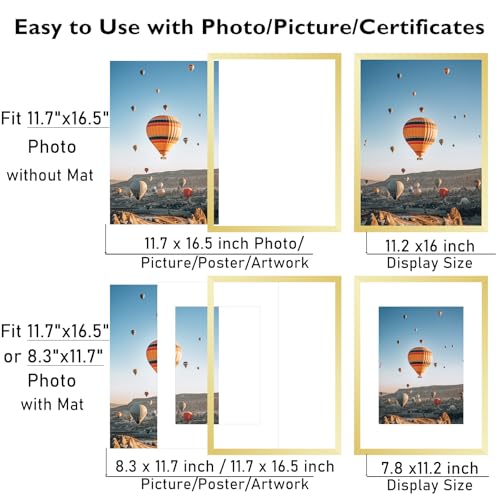 Image of JCJMY 11.7x16.5 A3 Picture Frame Gold with 8.3x11.7 A4 Mat, Display Photo 8.3x11.7 with Mat or 11.7 x 16.5 Without Mat, Wall Hanging Large Frame with Plexiglass, Gold