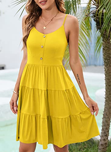Image of YATHON Sundresses for Women Casual Summer Beach Sleeveless Spaghetti Strap Dress Button Down Ruffle Flowy Pleated Dresses