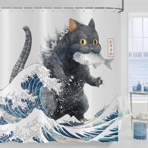 ASDCXZ Rideau de Douche Japonais de Chat 180x200 cm, Japon Anime Drôle Noir Chat Attraper Poisson Vague Enfants Imperméable Bain Rideau Textile Lavable...