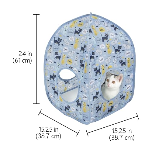 Image of Kitty City Cat Print Pop-Up Cat Play House, Collapsible Indoor Kitten Hideout with Peekaboo Openings, Lightweight Foldable Kitty Cube for Play & Lounging, Blue