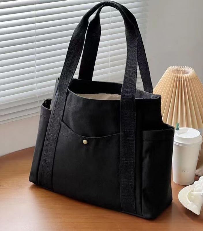 Canvas Shoulder Bag – Spacious Tote with Zipper & Side Pockets, Lightweight & Durable for Travel, Work, and Daily Use2