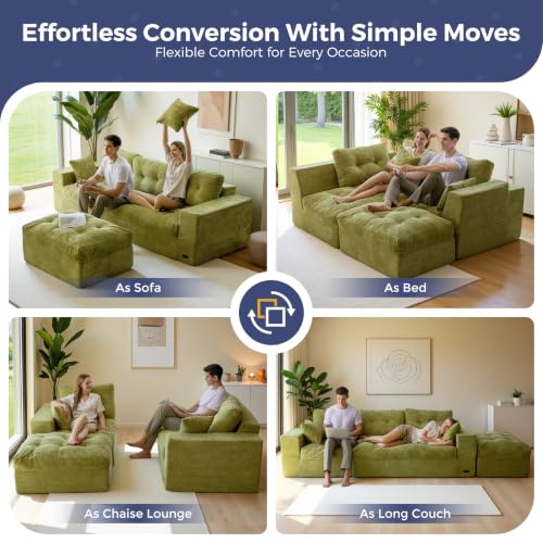 Image of MAXYOYO 96 inch L Shaped Modular Sectional Sofa with Ottoman, Cloud Boneless Couch with Layered Cushion, Upholstered Sofa in a Box, Flexible Module Combination for Living Room, No Assembly, Green