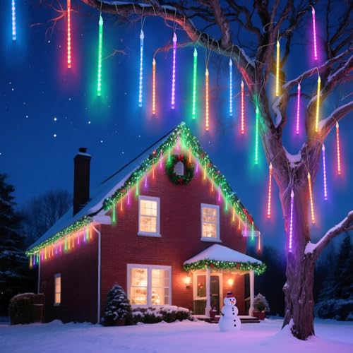 Aigostar Luces de Navidad de Lluvia de Meteoritos, 8 Tubos 30 cm, 192 LEDs, RGB, Impermeable para Interior y Exterior de Árbol de Navidad, Patio, Fiestas