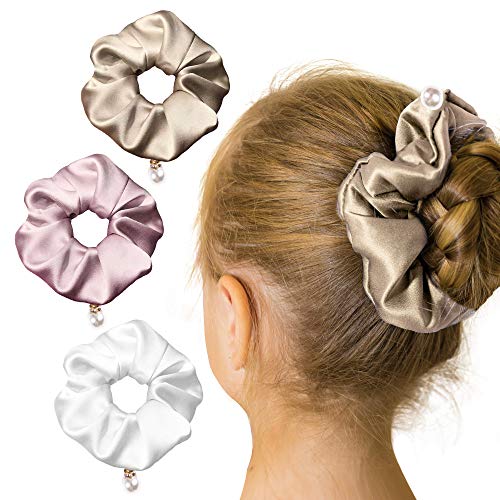 LilySilk 3pc Silk Scrunchies with Pearls, Pure 100 Real Mulberry Charmeuse Silk Scrunchy for Hair, 100 Silk Elastic Tie, Large Scrunchies, Cute Thick Scrunchies
