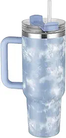 Copo de 1,18 l com alça e canudo, copos isolados com tampa e canudo, copo de água de aço inoxidável de 1,18 l garrafa de água Copos de viagem esportivos ao ar livre - Blue Tie Dye