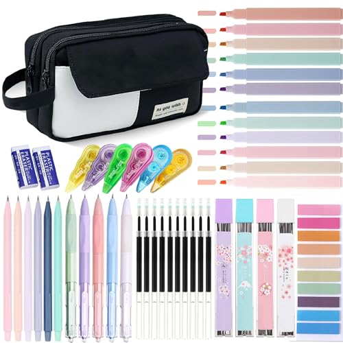 42 Pcs Big Capacity Pencil Pouch with Aesthetic School Supplies, 12 Pastel Highlighters, 5 Black Ink...
