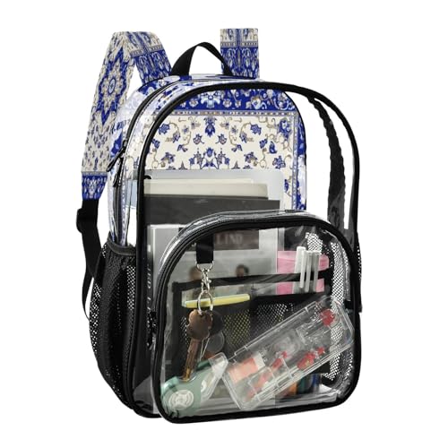 Blue and White Porcelain Foral Clear Backpack - Stadium Approved Large 15.7-inch Waterproof Transparent Bag for Sports, Concerts, Work, Travel#122
