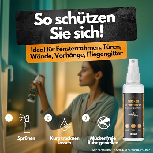 Mücken Stopp Spray – 100 ml – Mückenspray für Wohnung & Oberflächen - Hoch konzentriert – LANGZEITWIRKUNG – Für Innen & Außen – Anti Mückenspray – Mückenabwehr – Mücken bekämpfen – Mückenschutz Spray