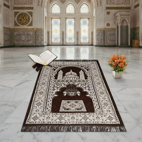 Image of Velvet Floral Janamaz Mat | Prayer Mat /Meditation Janamaz for Namaz /Meditation Mat /Muslim| Size 27x50| Washable Soft Prayer Mat (Coffee - Beige)