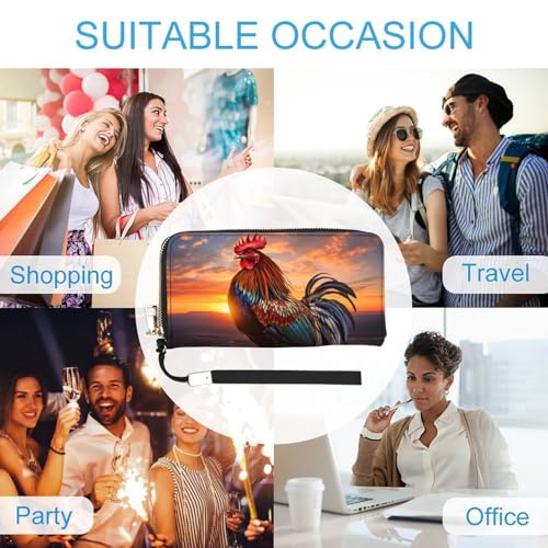 Rooster Leather Wallet Fashion Bifold Purse Long Pouch with Wrist Strap for Men Women4