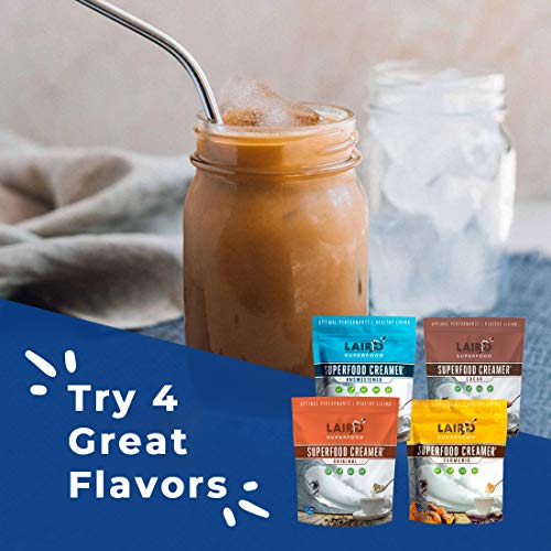Image of Laird Superfood Coffee Creamer Sampler Pack | Non-Dairy | Organic | Gluten Free | Vegan | Paleo Diet Approved | Unsweetened, Original, Cacao and Turmeric- 8 Ounce (Pack of 4)