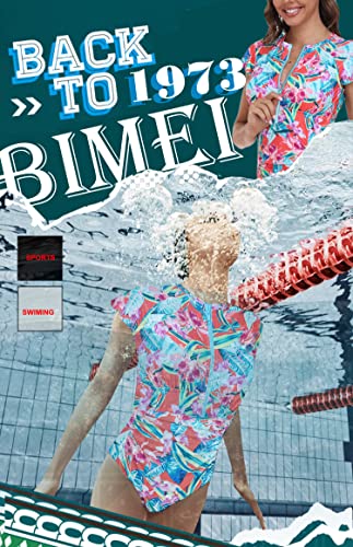 BIMEI One-Piece Mastectomy Swimsuit Zip Front Rash Guard Short Sleeve Pocketed for Women Sport Bathing Athletic Printed 22164