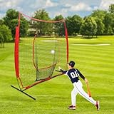 7x7 Feet Baseball Softball Hitting Pitching Net, Indoor Outdoor Softball Pitching Net with Carry Bag, Baseball Backstop Practice Net for Pitching Batting Catching for All Skill Levels (Red)