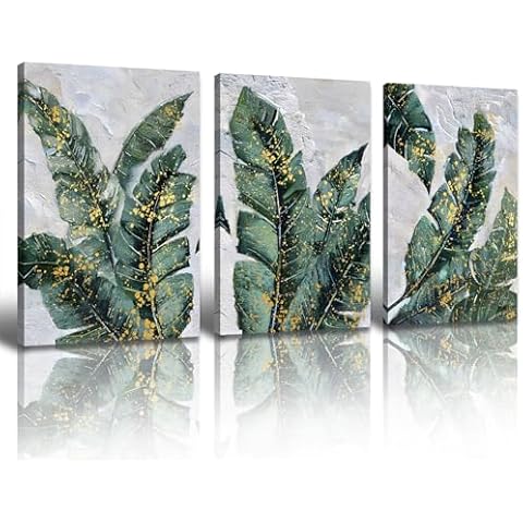 BLINFEIRU Green Leaves Wall Art Emerald Green and Gold Banana Leaf Canvas Prints Tropical Plant Pictures Wall Decor Home Artwork for Bedroom Living Room Decoration Framed 16"x24"x3 Cover