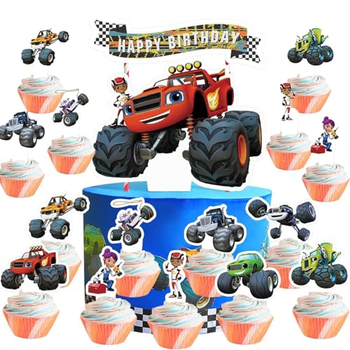 Blaze Tortendeko Set für Geburtstagspartys 20pcs Monster Truck Kuchen Topper aus Papier,für Cupcakes, Motivtorten & AutoTheme-Deko
