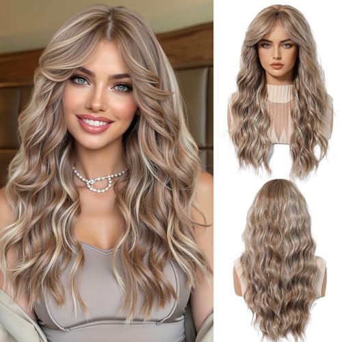 OUFEI Blonde mixed Light Brown Long Wavy Wig for Women with Curtain Bangs Natural Curly Synthetic Hair Heat Resistant Wigs for Daily Party Cosplay Wear