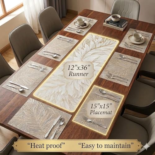 Image of Dining Table Mat and Runner Set for Home Kitchen Reusable Placemat Combo Set for Everyday Dining Use and Table Setup (Fern mat + Modern ractangle Table Runner, Pack of 7 (6+1))