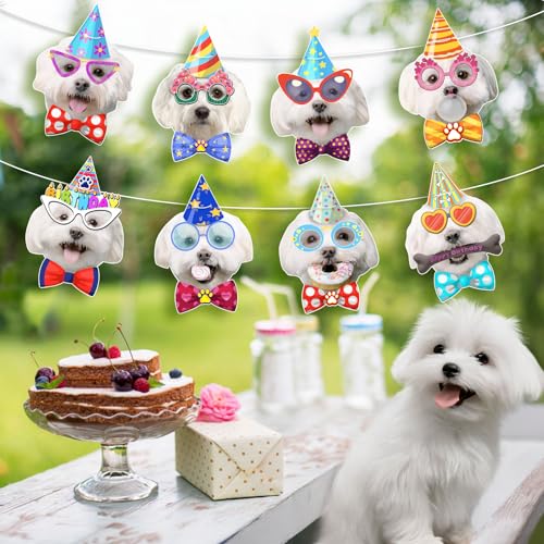 Image of Maltese Birthday Garland - Photographic Maltese Faces Birthday Banner, Funny White Maltese Bday Party Decoration for Maltese Lovers, Easy Assembly