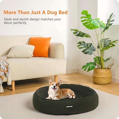 HMTOPE Hundebett Mittelgroße Hunde, Katzenbett Waschbar, Kuscheliges Hundekissen, Rund Cord Hundekorb, Donut, Hundesofa, Abnehmbar und rutschfest, Ø 70 cm, Olivgrün