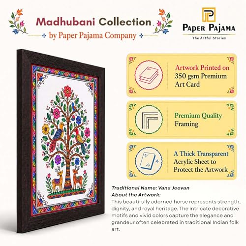 Image of PAPER PAJAMA Tree of Life Wall Art for Living Room | Madhubani Bird & Deer Painting | Traditional Mithila Folk Artwork Framed Home Decor for Bedroom, Office & Hall (10x13 Inches)