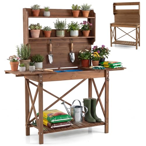 COSTWAY Garden Potting Table Wooden Potting Bench with Sliding Tabletop 2 Removable Sink Basins & Hanging Hooks Outdoor Planting Germination Workstation for Patio Yard Balcony 100-155 x 44 x 160cm
