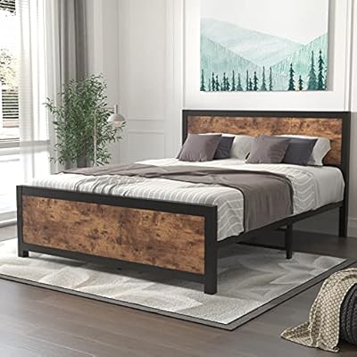 Queen Size Platform Metal Bed Frame with Wooden Headboard and Footboard/Rustic Country Style Mattress Foundation /No Box… 51rFu7saQUS. SS400