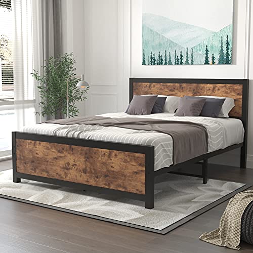 Queen-Size-Platform-Metal-Bed-Frame-with-Wooden-Headboard-and-FootboardRustic-Country-Style-Mattress-Foundation-No-Box-Spring-NeededUnder-Bed-StorageStrong-Slat-Support-Rustic-Brown-Queen 51rFu7saQUS