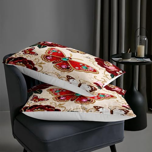 Image of AILONEN Butterfly Floral Comforter Set for Women Girls Adults Decor Full Size,Red Gold Gemstone Bedding Sets,3-Piece,1 Quilt with 2 Pillowcases,Soft Breathable