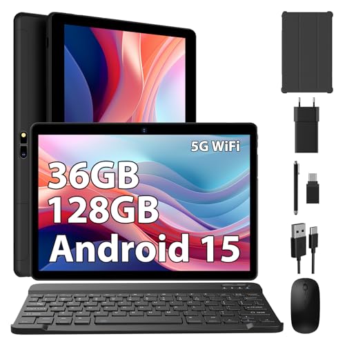 FASTWD Android 15 Tablet 10 Pulgadas Tableta 5G WiFi,36GB RAM+128GB ROM/8000 mAh/BT 5.0/TÜV/USB-C Tablet con Teclado + Ratón + Funda,Nero