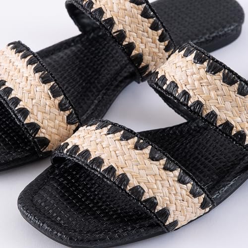 Image of Mtzyoa Women Flat Sandals Raffia Braided Summer Straw Dressy Casual Vacation Bohemian Cute Beach Comfy Slip On Slides