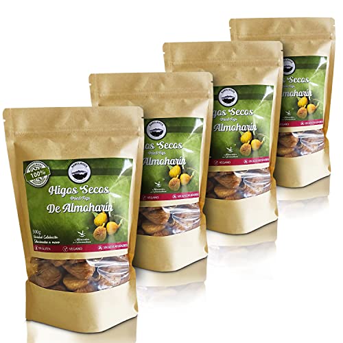 Manolhigos | Higos secos enteros | Higo seco de Almoharín | 4 bolsas/2 kilos/2000 gramos | Fruta desecada | Higos 100% naturales | sin harinas | sin azúcares añadidos | vegano vegetariano celíaco