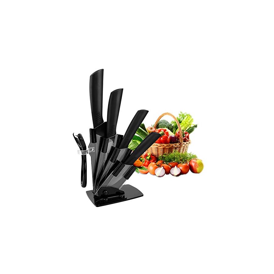 CORESLUX Ceramic knife, 6 Piece Ceramic Kitchen Knife Set, Ceramic Knives Set for Kitchen 6" Chef Knife 5" Utility Knife 4" Fruit Knife 3" Paring Knife 1'' Vegetable Fruit Peeler(Black)
