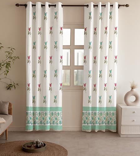 Image of LINENWALAS Decorative Printed Cotton Semi Sheer Curtains 7 Feet Long Set of 2 Panel, Eyelet Ring Hanging, Rose Symphony Curtains for Children Room, Living Room, Home Decor (L-7 x W-4.5 Feet)