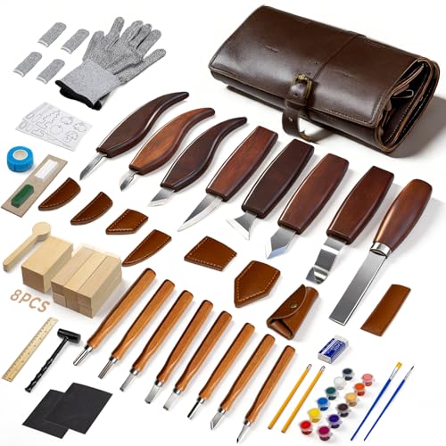 VMYTH Wood Carving Kit 68PCS Complete Whittling Kit with Leather Storage Bag 16 Carbon Steel Knives 8 Basswood Blocks & Paint Ideal Wood Carving Set for Beginners Enthusiasts Gift DIY