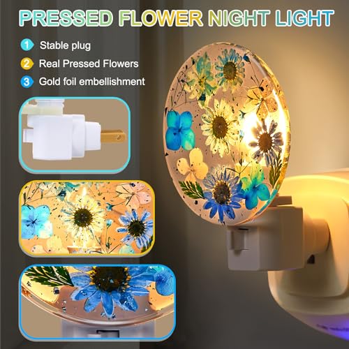 Image of Glooglitter Pressed Flower Night Light Plug in-Handmade Dried Floral Wall Night Light, Soft Glow Decorative Nightlight for Hallway Bedroom Nursery Bathroom, Vintage Botanical(Blue,Flower)