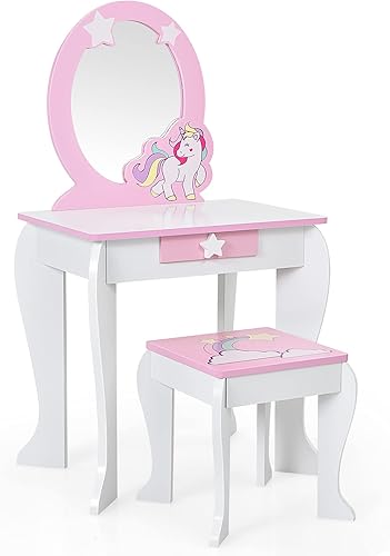 Miniatura 10 de KOTEK Tocador para niños con espejo y taburete, juego de tocador de madera de princesa 2 en 1 con parte superior desmontable y cajón de