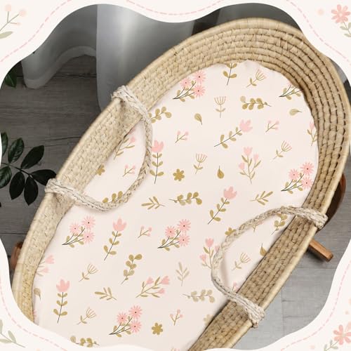 Image of CroBlissful 4 Pack Boho Floral Bassinet Sheets 32 x 16 x 4 Inches Hunting Stretchy Neutral Fitted Sheets Boho Floral Baby Bedding for Standard Bassinet Mattress Gift Set