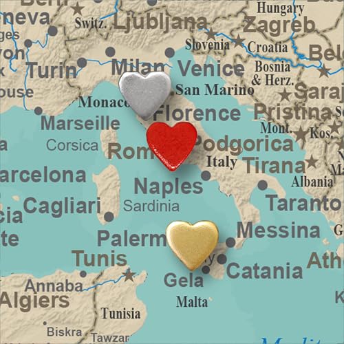 Image of Mini Silver Heart Push Pins - Mini Silver Metal Heart Map Pins - for Cork Board, Maps, or Lapel Pin Use - Designed in USA - Set of 20