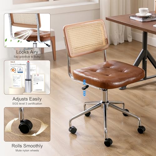Image of Zesthouse Leather Office Desk Chair with Wheels, Mid Century Rolling Desk Chair with Natural Rattan Back, Modern Swivel Home Office Chair, Small Height Adjustable Computer Task Chair, Brown