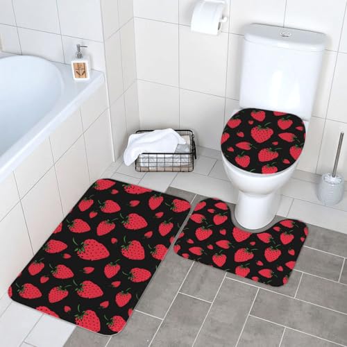 トイレマット 苺 イチゴ バスマット 3点セット ふたカバー 吸水 おしゃれ 滑り止め トイレ床マット カーペット フタカバー 便座カバー U型 O型 兼用 浴室 家庭用