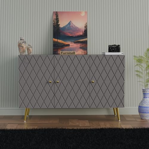 Image of Modern Wooden Storage Cabinet with 2 Doors | Geometric Design Sideboard /Cupboard for Living Room | Multipurpose Organizer for Bedroom & Entryway | HDMR Premium Wood | Gold Metal Legs(Grey)